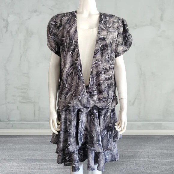 Perceptions Dresses | Perceptions Vtg 80's Drop Waist Ruffle Tulip Sleeves Bubble Peplum Dress (L-Xl) | Color: Black/Gray | Size: L-Xl |